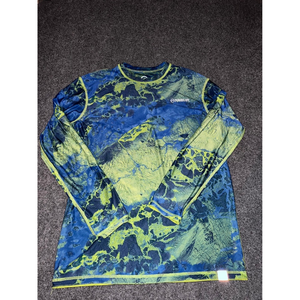 Magellan Outdoors Realtree Wave Fishing Shirt Mens Blue Lime Camo Long Sleeve